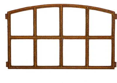 A rustic, antique-style window frame with multiple panes, presented against a white background.