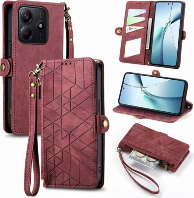 Immagine prodotto di Per Xiaomi Redmi Note 14 5G Design geometrico Custodia a libro con cerniera in Similcuoio con passante rosso
