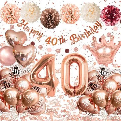 Zdjęcie produktu dla Dekoracje urodzinowe dla kobiety, 40 lat – kolor różowego złota – balony i girlanda – dekoracje na urodziny