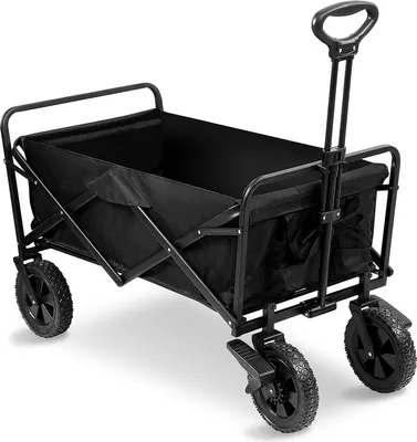 A black foldable wagon with a telescopic handle and four wheels, shown against a white background.