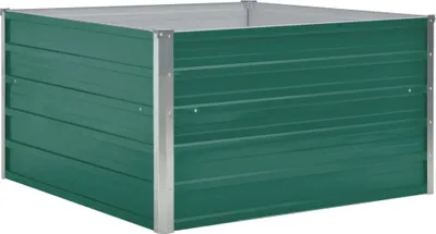 A green metal raised garden bed with silver corner supports, shown from a slightly elevated angle against a white background.
