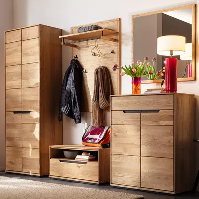 Produktbild von Garderoben-Set mit Spiegel, Paneel & Garderobenschrank in Eiche teilmassiv, 5-teilig - AVESTA-06