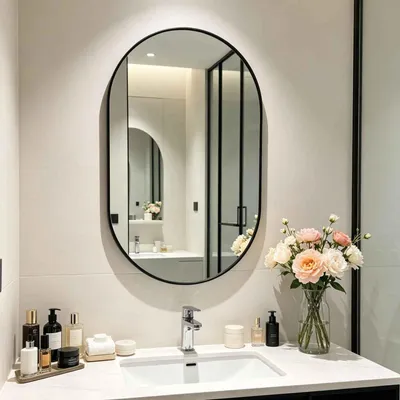 Produktbild von Zimilo Wandspiegel Oval, 70x50 cm, Badezimmerspiegel mit Sicherheitsglas, Klare Reflexion, für Bad, Schlafzimmer und Wohnräume, Schwarz