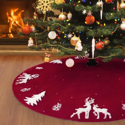 Obrázok produktu pre Sukňa na vianočný stromček 122 cm pletená 3D losia základňa na vianočný stromček, rustikálna sukňa na stromček 48 palcov na vianočnú výzdobu, pre interiér a exteriér, červená