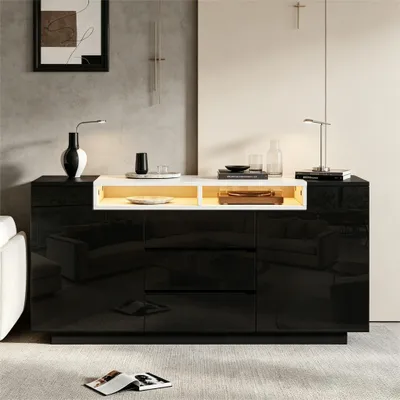 Produktbild von Schwarzes Wohnzimmer Sideboard mit LED, 140x40x68cm, 2 L-förmige Türen, 3 Schubladen und Hochglanzfront