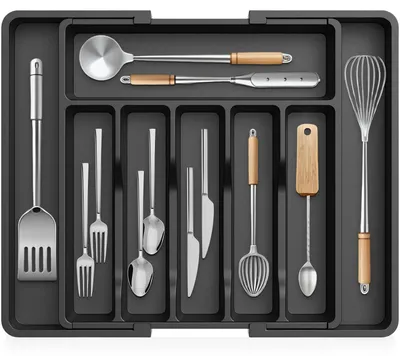 Bestecklade ausziehbar 33-57 cm, 8 Fächer, PP, Schwarz