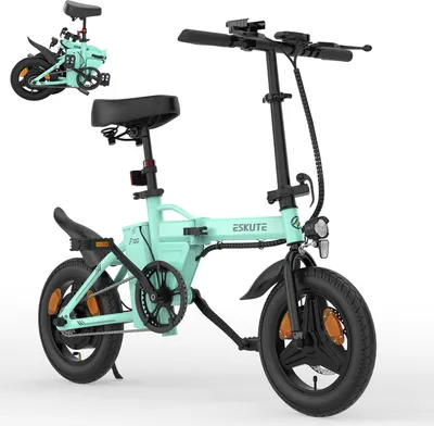 A mint green ESKUTE F100 electric bicycle is shown against a white background. A smaller, folded version of the same bicycle is visible in the upper left corner.