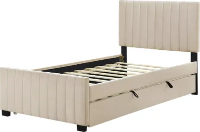 Produktbild von Kinderbett Polsterbett 90 x 200 cm Ausziehbett Samtstoff Beige