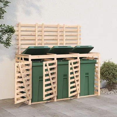 Produktbild von Mülltonnenbox mit Deckel & 3 Türen für 3 Tonnen, Mülltonnenschuppen für Veranda, Hinterhof, Terrasse, abschließbar, 240 x 91,5 x 128,5 cm Massivholz Kiefer