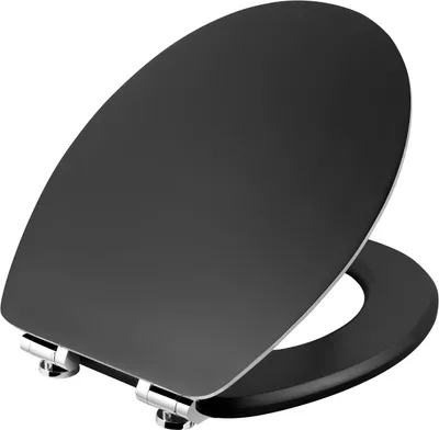 Image de Siège de toilette en acier noir mat, avec noyau en bois, mécanisme de descente automatique et système de fixation rapide