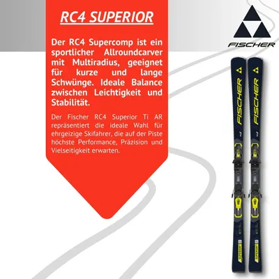 A marketing image featuring a pair of skis with descriptive text and brand logo.