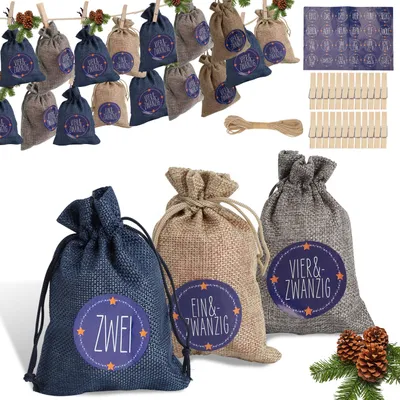 Produktbild von Peviasot Adventskalender Beutel 24 Stück mit Nummernstickern, befüllbare Stoffbeutel für DIY Weihnachtsdeko und Geschenke Blau Weiß Grau