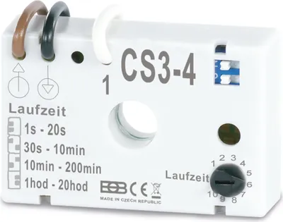 A close-up studio shot of a white electronic relay device with various labels and settings.