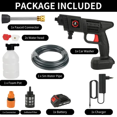 Image de Nettoyeur haute pression sans fil - Pistolet à eau pour le lavage automobile - 70 bars - 10000 mAh - 1 batterie - Livré avec tuyau d'eau - Générateur de mousse