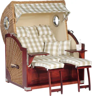 Produktbild von Rustikal Strandkorb 500 Plus Comfort XL-3/4-Liegemodell Ostseeform mit seitlichen Bullaugen, Rundgeflecht natura-braun, Strukturpolyester kariert, Mahagoniholz naturfarben lasiert, ca.140x95x160