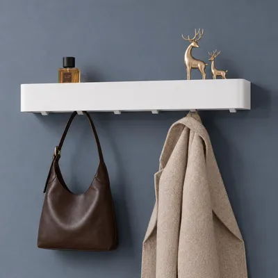 Produktbild von doporro Wandgarderobe mit Ablage, Garderobenleiste 60 cm mit 6 Garderobenhaken, Kleiderhaken Wand ohne Bohren Weiß Reglo-05