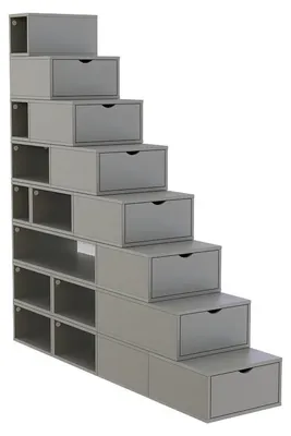 Produktbild von Graues Treppenregal aus Holz mit Schubladen, 200 cm hoch, 50 cm breit, 25 cm tief