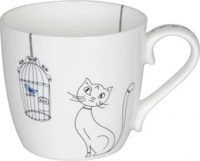 Immagine prodotto di Könitz Cats and Birds Becher, Kaffeebecher, Kaffeetasse, Kaffee Tasse, Teetasse, Porzellan, Weiß / Schwarz, 425 ml, 11 2 057 2298