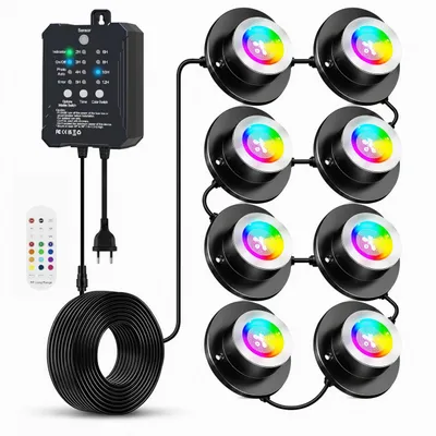 Produktbild von 8er LED RGB Teichbeleuchtung mit 14 Farben, Unterwasserstrahler mit Lichtsensor, 5 Helligkeitsstufen Gartenstrahler,Pool Licht mit Fernbedienung,Timer