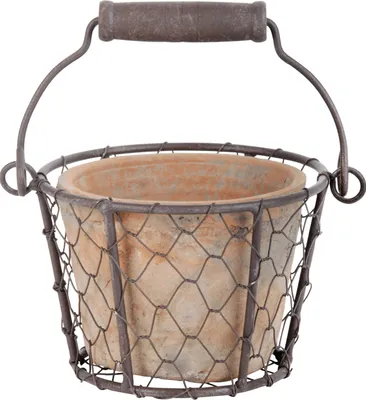 Produktbild von Blumen Topf im Draht Korb mit Henkel aus Aged Terracotta, Weichstahl und Holz