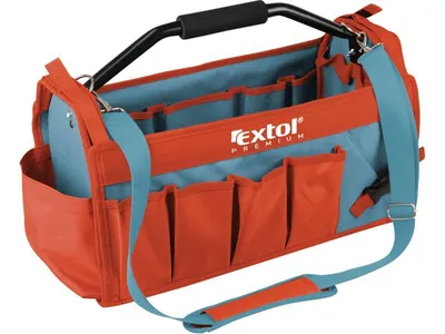 A tool bag with multiple compartments and a metal handle.