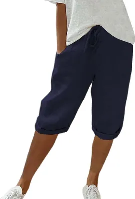 Produktbild von Damen Leinen-Shorts Sommer Knielang mit Kordelzug, Luftig und Bequem, Hohe Taille, Casual Strandhose