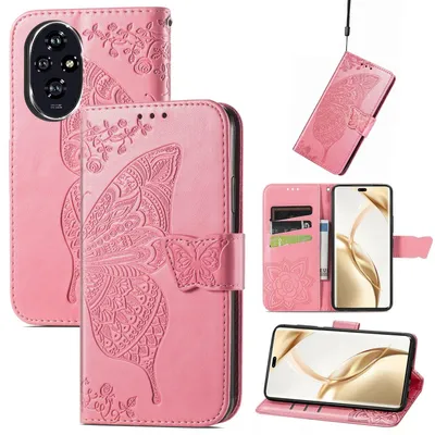 Produktbild von Für Honor 200 Pro Kunstleder Wallet Handy Tasche Schmetterling Design Hülle Etuis Pink