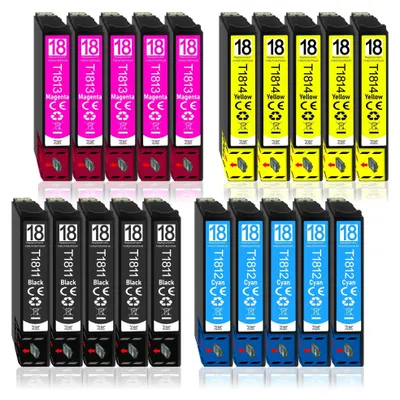 A collection of printer ink cartridges arranged in rows.