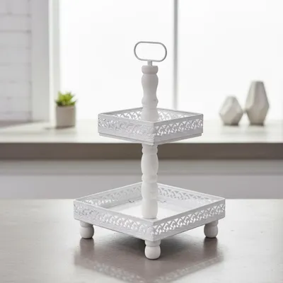 Image de Étagère Plateau de service 2 étages 51 cm XXL Blanc Étages Métal Vintage