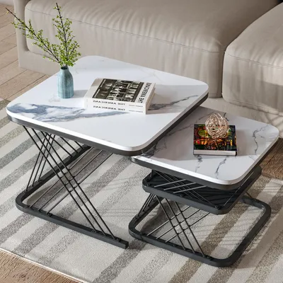 Produktbild von 2er-Set moderne quadratische Couchtische – Beistelltische mit Marmorfurnier, praktischer Stauraum für Wohnzimmer, Balkon und Büro – Metallgestell – Schwarz