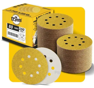 Immagine prodotto di Dischi abrasivi da 125 mm, 8 fori, grana 80, con sistema di fissaggio a velcro, confezione da 100 pezzi, per levigatrici eccentriche, adatti per legno e metallo