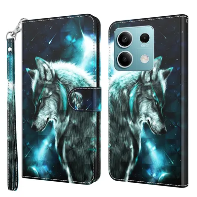 Produktbild von CLM-Tech Handyhülle kompatibel mit Xiaomi Redmi Note 13 5G Hülle - Tasche aus Kunstleder - Klapphülle mit Ständer und Kartenfächern - Schutzhülle Wallet Case Cover Wolf blau schwarz