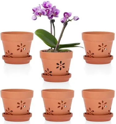 Productafbeelding van Famanu set van 6 bloempotten – terracotta met drainagegaten en onderzetters, 10 x 8 cm