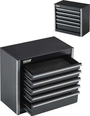 A black metal toolbox with multiple drawers is shown, with one drawer partially open.