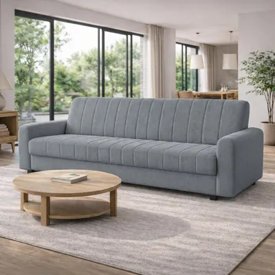 Produktbild von Sofa PIXI, Wohnzimmer, modernes Schlafsofa Couch 3- Sitzer Sofa freistehendes Polstersofa Bettkasten 232 cm KLIK-KLAK- Mechanismus Aschegrau Skaga 03