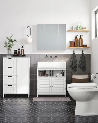 Produktbild von Badezimmer-Hochschrank - Schmaler Standschrank - Vier Schubladen - Tür mit verstellbarem Einlegeboden - Massivholz & MDF - Lackiert - Breite unter 60 cm - Weiß