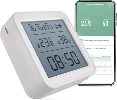 Produktbild von EMOS GoSmart - Smart Home Thermometer mit App - Zigbee - LED-Display, WiFi Uhr, °C/°F umschaltbar, inkl. Batterie - Google, Alexa kompatibel , EGS0101