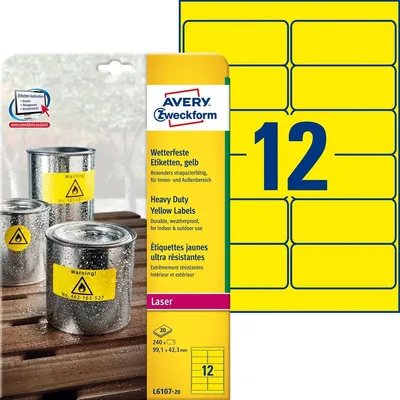 Image de Avery Zweckform - Étiquettes adhésives permanentes en polyester - jaune - 99,1 x 42,3 mm - 240 étiquette(s) (20 feuilles x 12) (L6107-20)