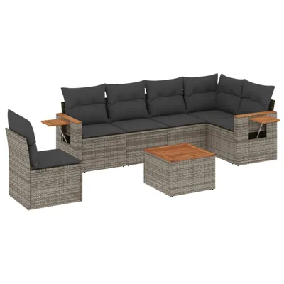 Produktbild von Modulares Garten-Loungeset, 7-teilig, mit abnehmbaren Kissen, wetterfestes Poly Rattan Grau, Akazienholz-Tischplatte, UV-beständig
