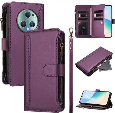 Produktbild von Handyhülle für Honor Magic5 Pro Reißverschluss Geldbörse Kunstleder Klapphülle mit Kartensteckplatz, Ständer, Handschlaufe Lila