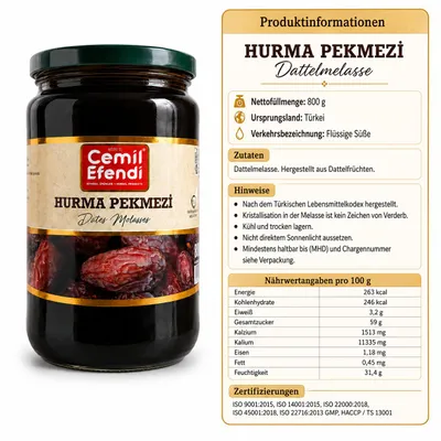 Produktbild von Dattelmelasse aus Dattelfrüchten Hurma Pekmezi , im Glas, KI-generiertes Bild