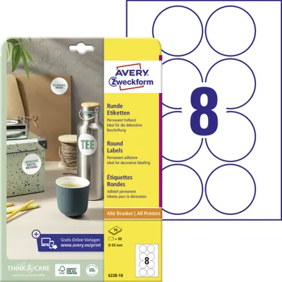 Produktbild von Avery Zweckform 6228-10 Runde Etiketten, A4, Ø 69 mm, weiß
