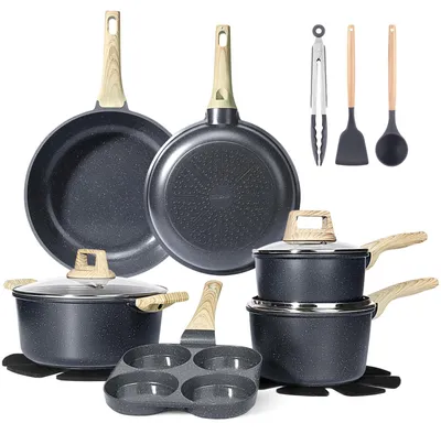 Image de Ensemble de 17 pièces de batterie de cuisine avec revêtement antiadhésif en céramique