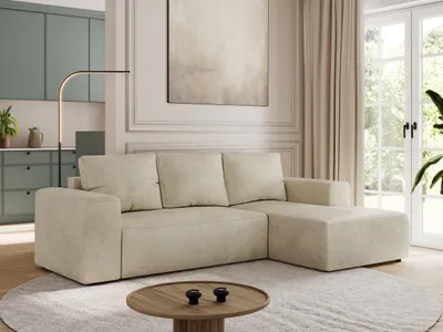 Produktbild von MKS MEBLE Sofa mit Schlaffunktion - Ecksofa mit Schlaffunktion und Bettkasten - Sofa 3 Sitzer - Schlafsofa - Couch - Schlafsofa mit Bettkasten - Trentino L - Beige Velvet - Rechts