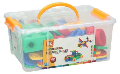 Image de Éléments de construction dans une boîte de rangement, 82 pièces.