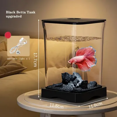 Produktbild von Schreibtisch-Aquarium - Starterset - LED-Beleuchtung - Kleines Nano-Aquarium für Fische - Transparenter Kunststoff - Für Zuhause & Büro - Schwarz