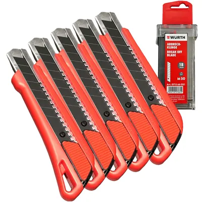 Produktbild von Würth 5 x 1K Cutter Messer mit Schieber 18mm + 1 x 50 Würth Klingen im Spender