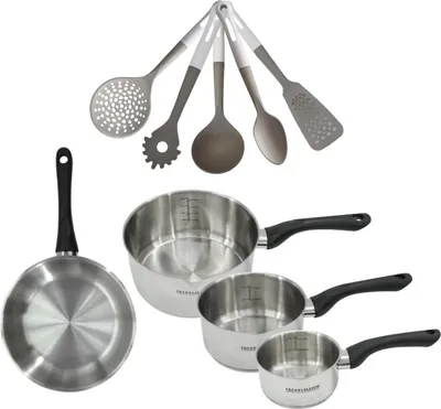 Image de Batterie de cuisine avec 3 casseroles 12/16/20 cm et 1 poêle 20 cm avec 5 ustensiles de cuisine Fackelmann Généva Vario
