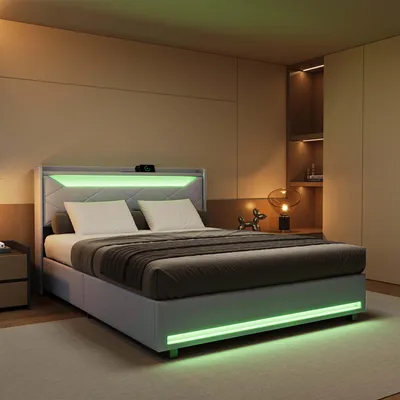 Produktbild von UnboxG Polsterbett 140×200 cm in Grau, mit Stauraum, LED-Beleuchtung, USB-Ladeanschluss und Gasdruckfeder – modernes Doppelbett