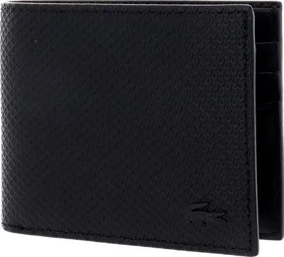 A black leather wallet with a textured surface and a small crocodile logo. The wallet is shown closed and slightly angled.